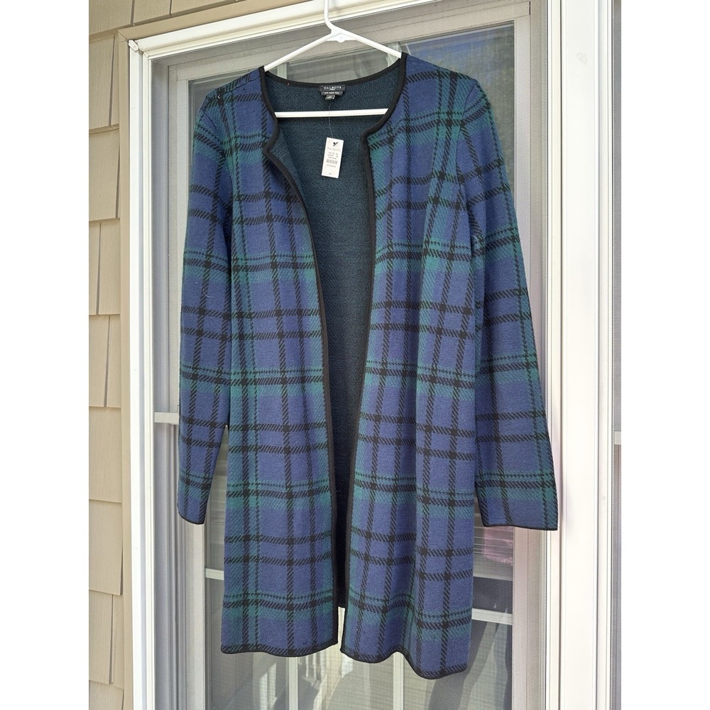 Talbots Merino Wool Mod Black Watch Plaid Open Cardigan Chore Sweater Duster 1X